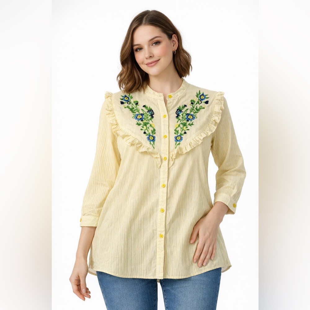 Weekend Plus Sz Embroidered Floral Yellow Striped Blouse Sz S (Fits Oversized)